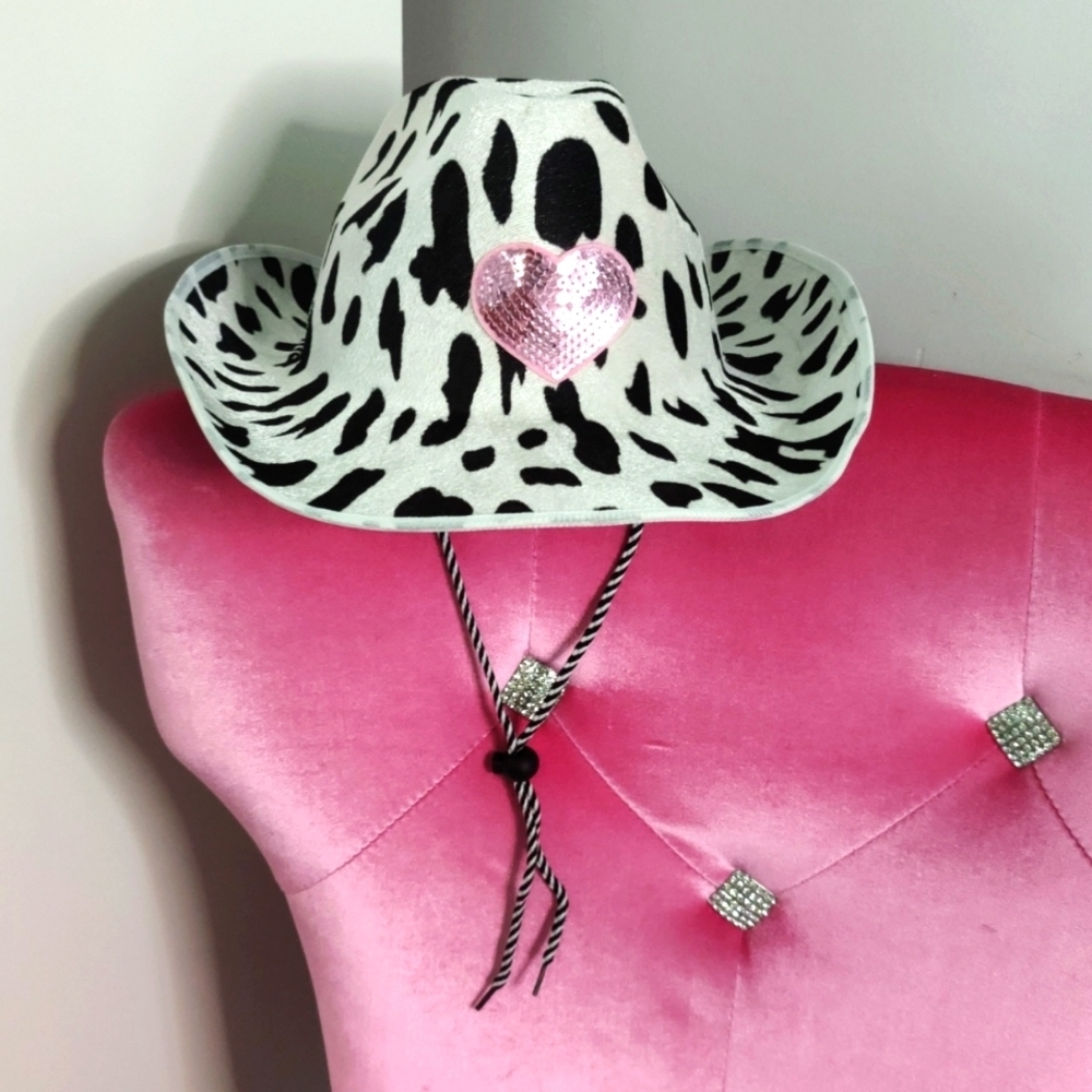 Cow print sequin heart cowgirl hat